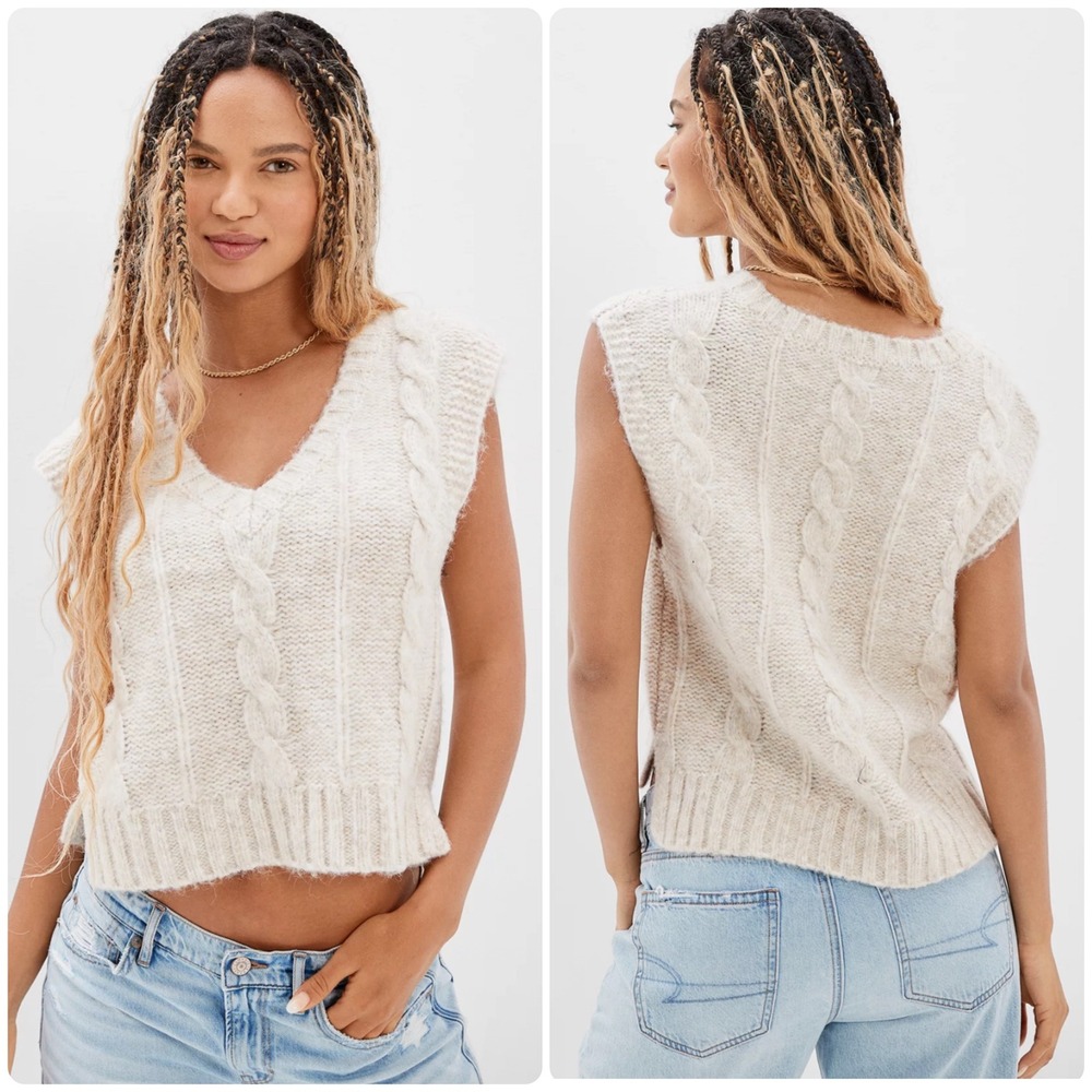 American Eagle Womens Wool Blend Fisherman Cable Knit Sweater Vest‎ Size S Beige